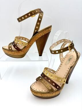 Authentic Prada Platform Sandals Gold Bronze Brown Size 39 9 Laser Cut Saffiano